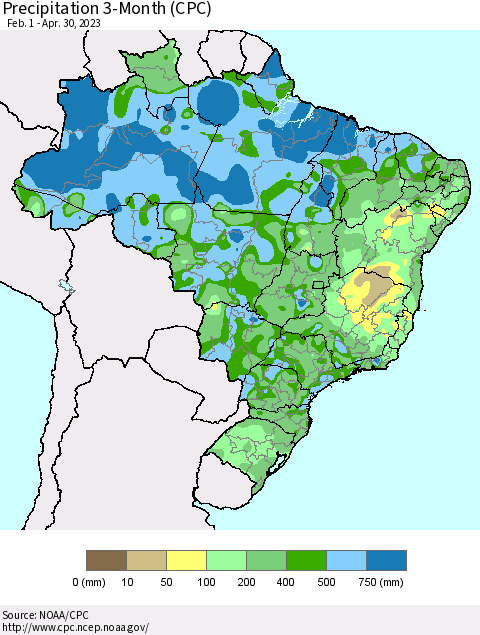 Brazil Precipitation 3-Month (CPC) Thematic Map For 2/1/2023 - 4/30/2023