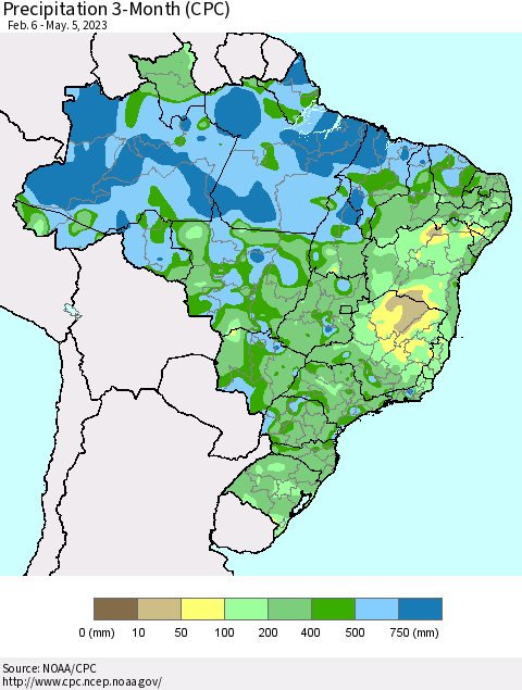 Brazil Precipitation 3-Month (CPC) Thematic Map For 2/6/2023 - 5/5/2023