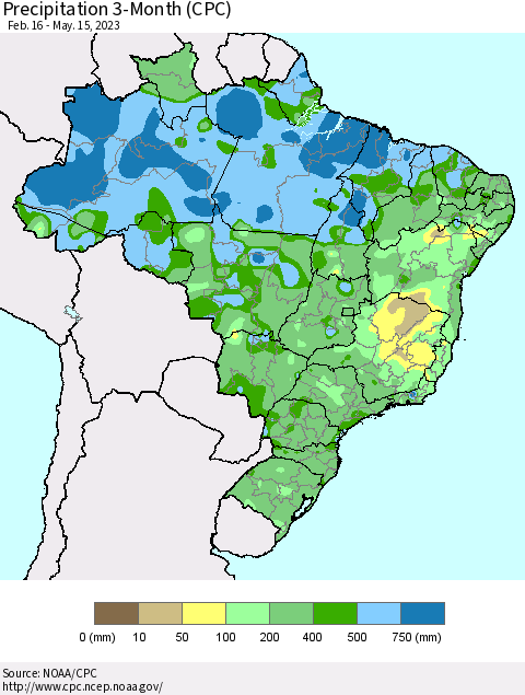 Brazil Precipitation 3-Month (CPC) Thematic Map For 2/16/2023 - 5/15/2023
