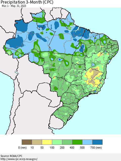 Brazil Precipitation 3-Month (CPC) Thematic Map For 3/1/2023 - 5/31/2023