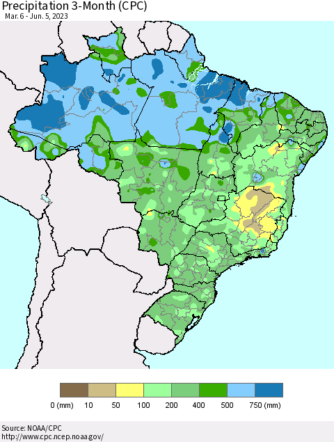 Brazil Precipitation 3-Month (CPC) Thematic Map For 3/6/2023 - 6/5/2023