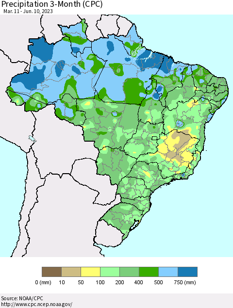 Brazil Precipitation 3-Month (CPC) Thematic Map For 3/11/2023 - 6/10/2023