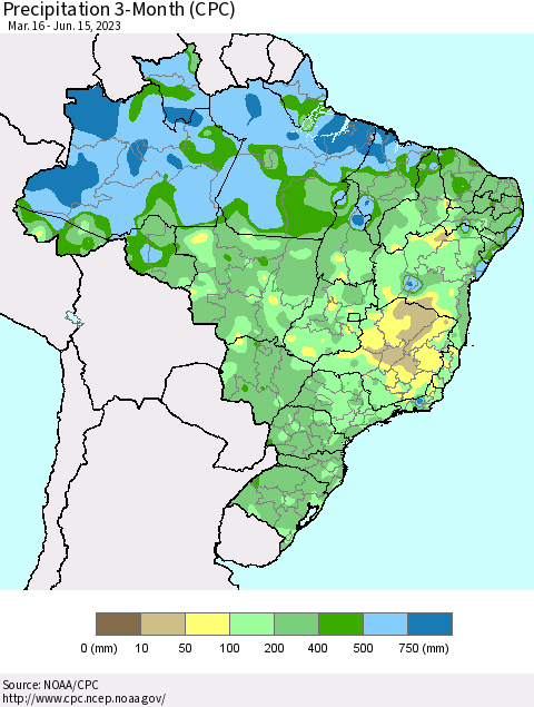 Brazil Precipitation 3-Month (CPC) Thematic Map For 3/16/2023 - 6/15/2023