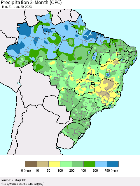 Brazil Precipitation 3-Month (CPC) Thematic Map For 3/21/2023 - 6/20/2023