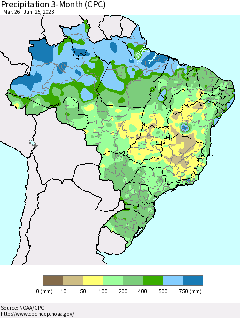 Brazil Precipitation 3-Month (CPC) Thematic Map For 3/26/2023 - 6/25/2023