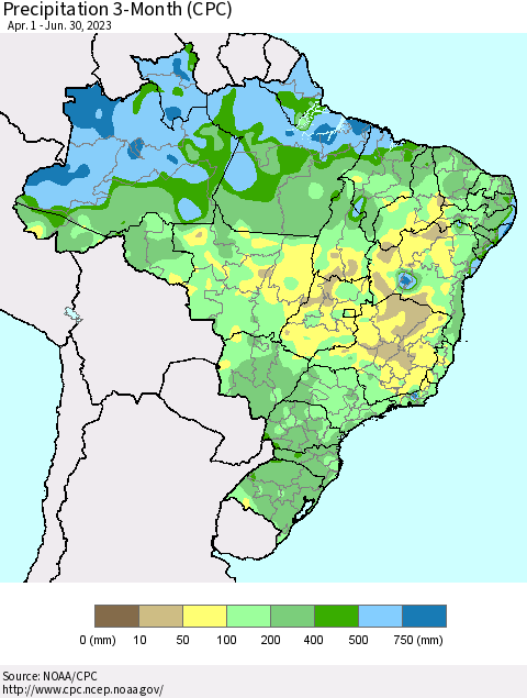 Brazil Precipitation 3-Month (CPC) Thematic Map For 4/1/2023 - 6/30/2023