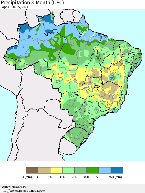 Brazil Precipitation 3-Month (CPC) Thematic Map For 4/6/2023 - 7/5/2023