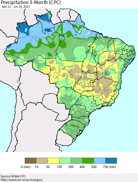 Brazil Precipitation 3-Month (CPC) Thematic Map For 4/11/2023 - 7/10/2023