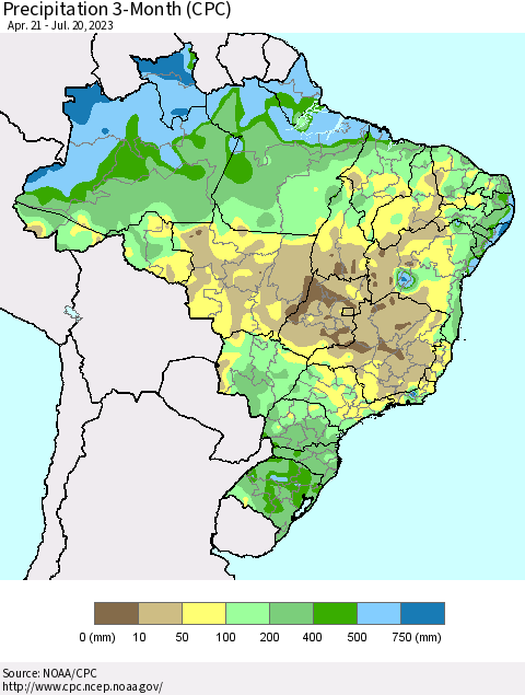 Brazil Precipitation 3-Month (CPC) Thematic Map For 4/21/2023 - 7/20/2023