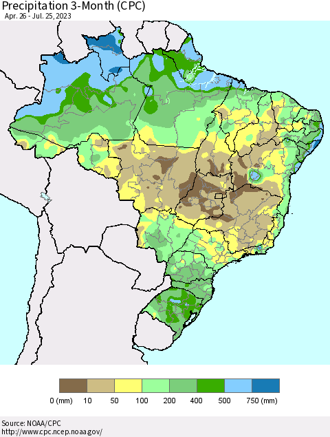 Brazil Precipitation 3-Month (CPC) Thematic Map For 4/26/2023 - 7/25/2023