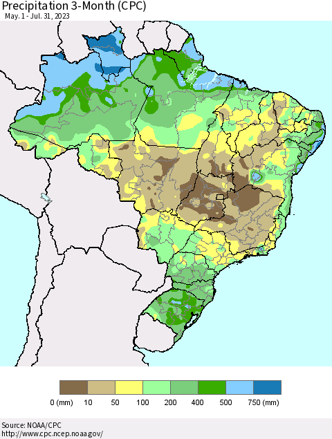 Brazil Precipitation 3-Month (CPC) Thematic Map For 5/1/2023 - 7/31/2023
