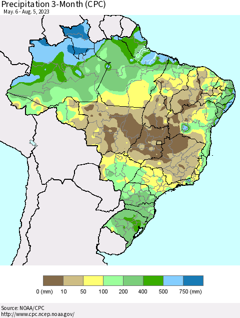 Brazil Precipitation 3-Month (CPC) Thematic Map For 5/6/2023 - 8/5/2023