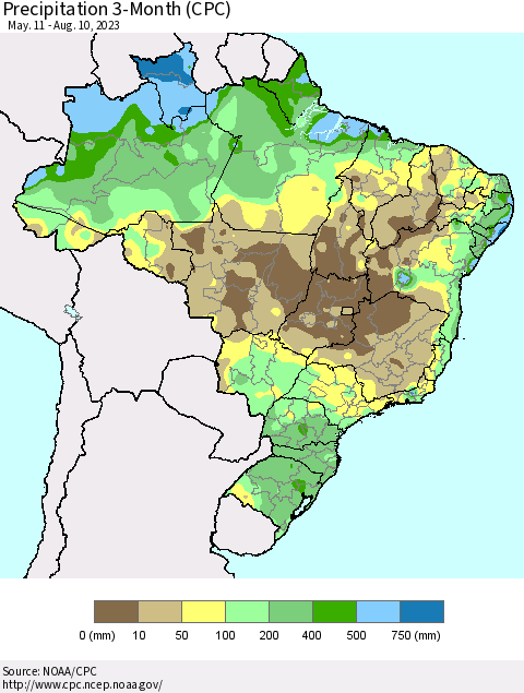 Brazil Precipitation 3-Month (CPC) Thematic Map For 5/11/2023 - 8/10/2023