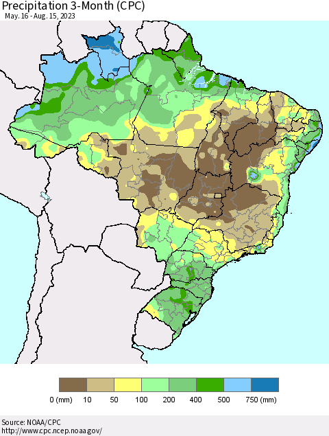 Brazil Precipitation 3-Month (CPC) Thematic Map For 5/16/2023 - 8/15/2023