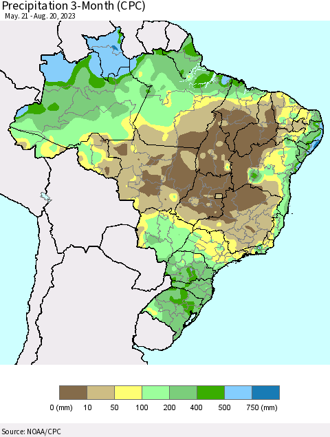 Brazil Precipitation 3-Month (CPC) Thematic Map For 5/21/2023 - 8/20/2023
