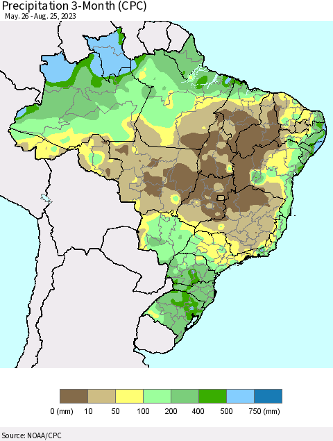 Brazil Precipitation 3-Month (CPC) Thematic Map For 5/26/2023 - 8/25/2023