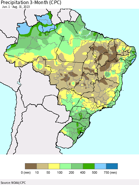 Brazil Precipitation 3-Month (CPC) Thematic Map For 6/1/2023 - 8/31/2023