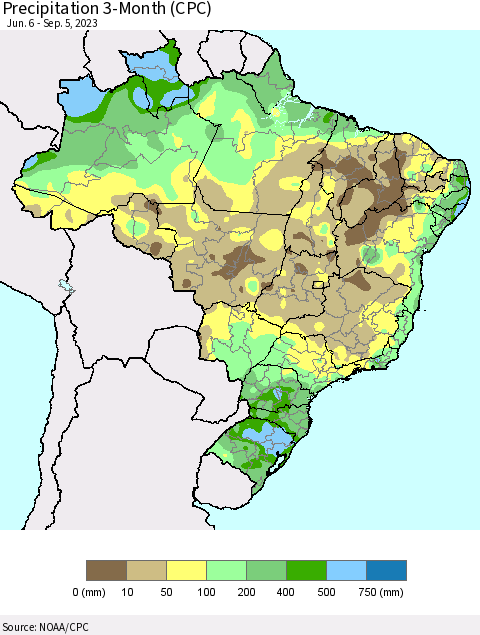 Brazil Precipitation 3-Month (CPC) Thematic Map For 6/6/2023 - 9/5/2023