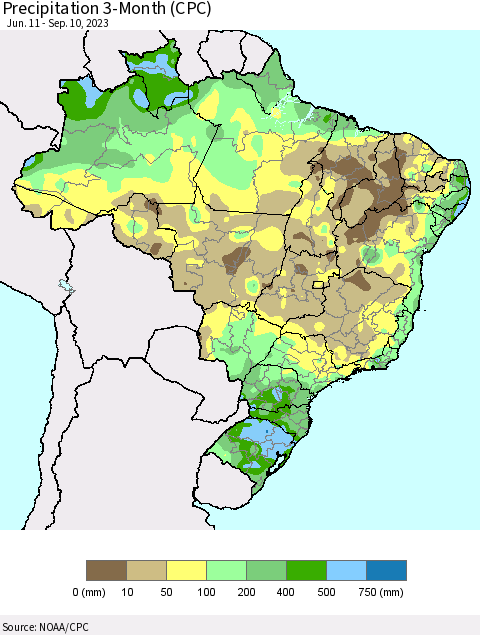 Brazil Precipitation 3-Month (CPC) Thematic Map For 6/11/2023 - 9/10/2023