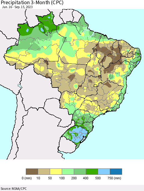 Brazil Precipitation 3-Month (CPC) Thematic Map For 6/16/2023 - 9/15/2023