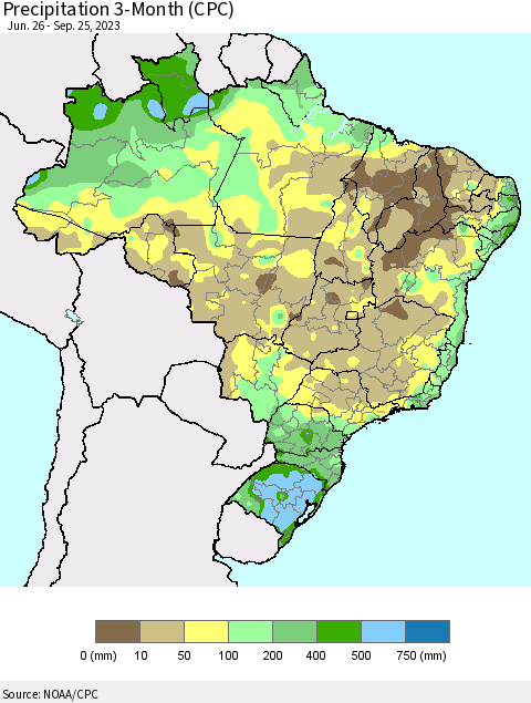 Brazil Precipitation 3-Month (CPC) Thematic Map For 6/26/2023 - 9/25/2023