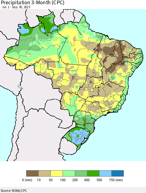 Brazil Precipitation 3-Month (CPC) Thematic Map For 7/1/2023 - 9/30/2023