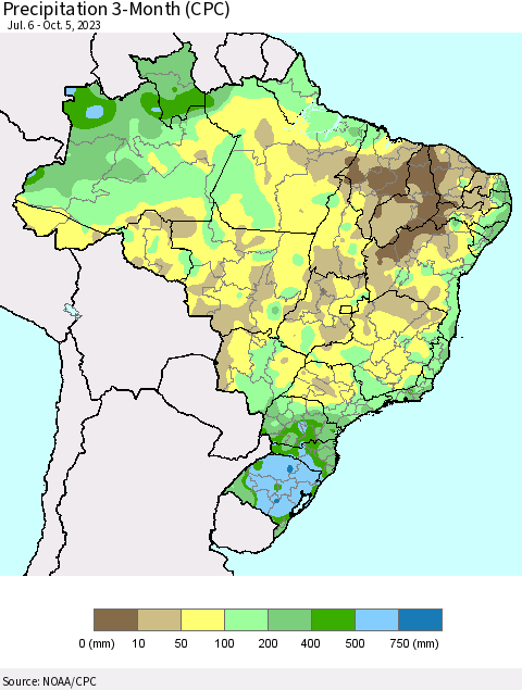 Brazil Precipitation 3-Month (CPC) Thematic Map For 7/6/2023 - 10/5/2023