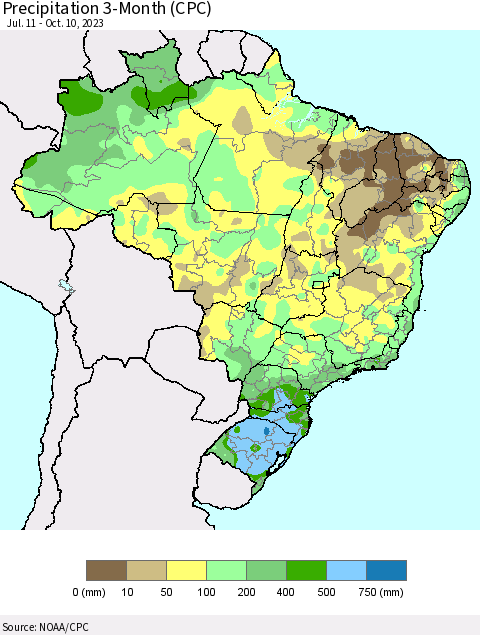 Brazil Precipitation 3-Month (CPC) Thematic Map For 7/11/2023 - 10/10/2023