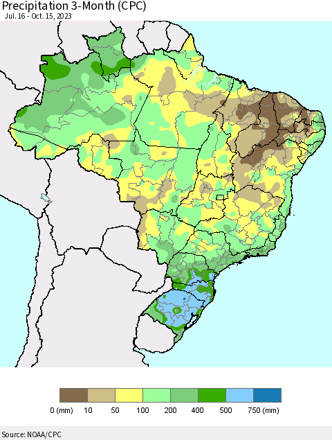 Brazil Precipitation 3-Month (CPC) Thematic Map For 7/16/2023 - 10/15/2023