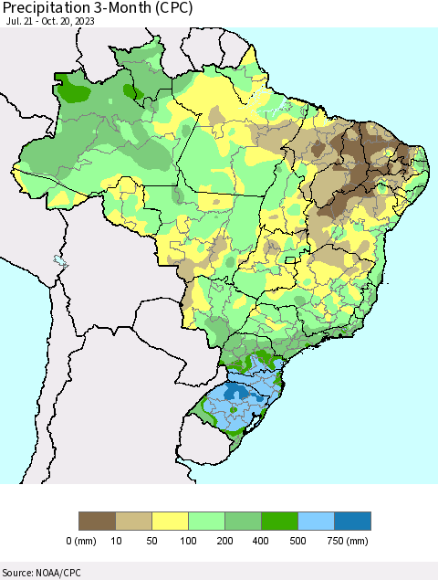 Brazil Precipitation 3-Month (CPC) Thematic Map For 7/21/2023 - 10/20/2023