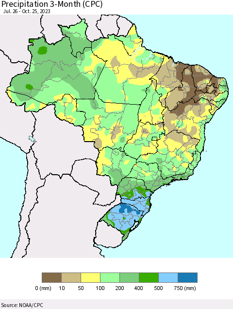 Brazil Precipitation 3-Month (CPC) Thematic Map For 7/26/2023 - 10/25/2023