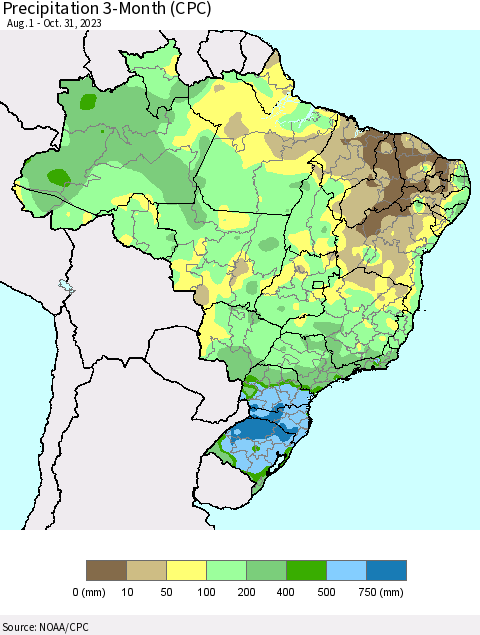 Brazil Precipitation 3-Month (CPC) Thematic Map For 8/1/2023 - 10/31/2023