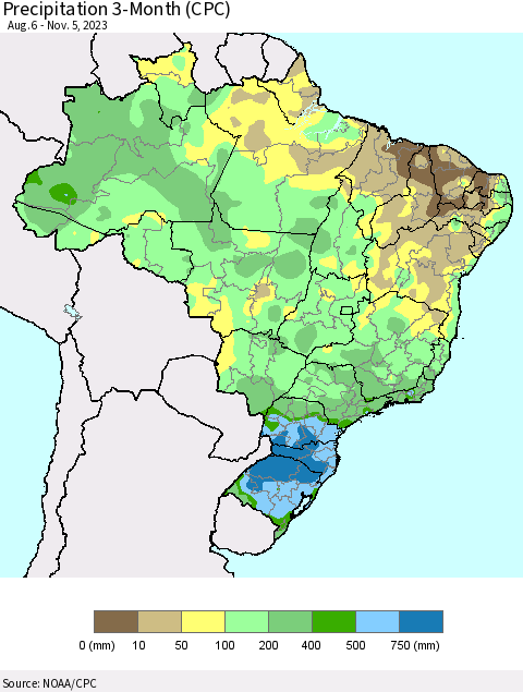 Brazil Precipitation 3-Month (CPC) Thematic Map For 8/6/2023 - 11/5/2023