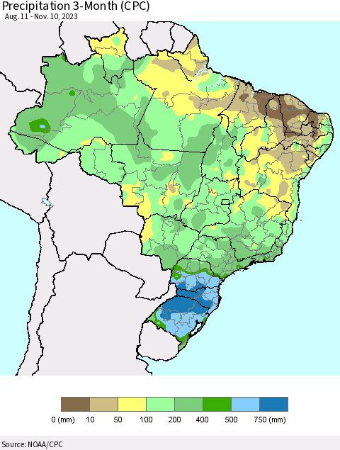 Brazil Precipitation 3-Month (CPC) Thematic Map For 8/11/2023 - 11/10/2023