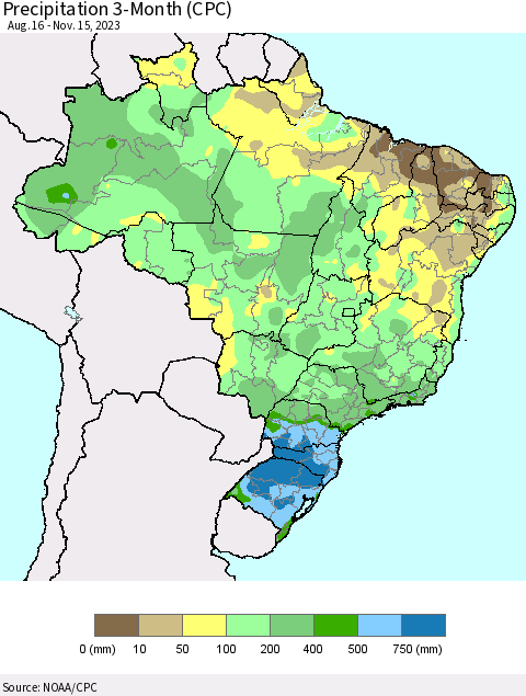 Brazil Precipitation 3-Month (CPC) Thematic Map For 8/16/2023 - 11/15/2023