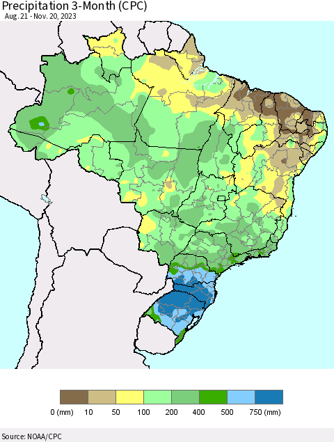 Brazil Precipitation 3-Month (CPC) Thematic Map For 8/21/2023 - 11/20/2023
