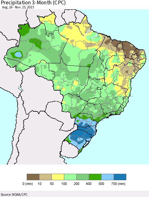 Brazil Precipitation 3-Month (CPC) Thematic Map For 8/26/2023 - 11/25/2023