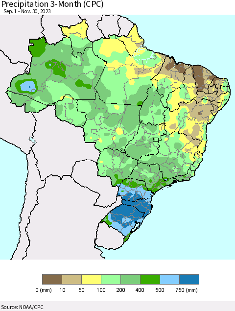 Brazil Precipitation 3-Month (CPC) Thematic Map For 9/1/2023 - 11/30/2023