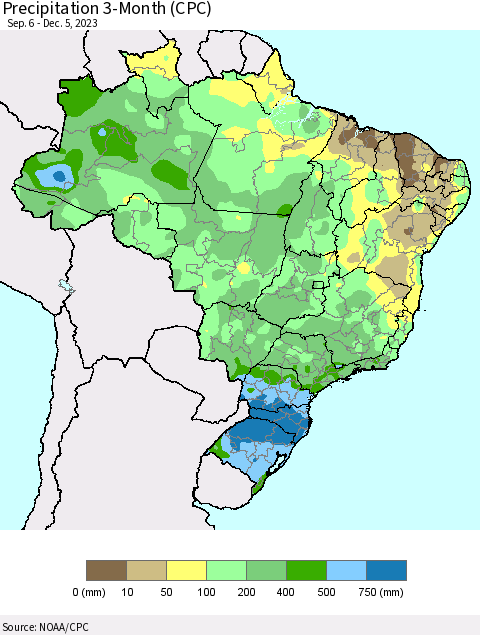 Brazil Precipitation 3-Month (CPC) Thematic Map For 9/6/2023 - 12/5/2023