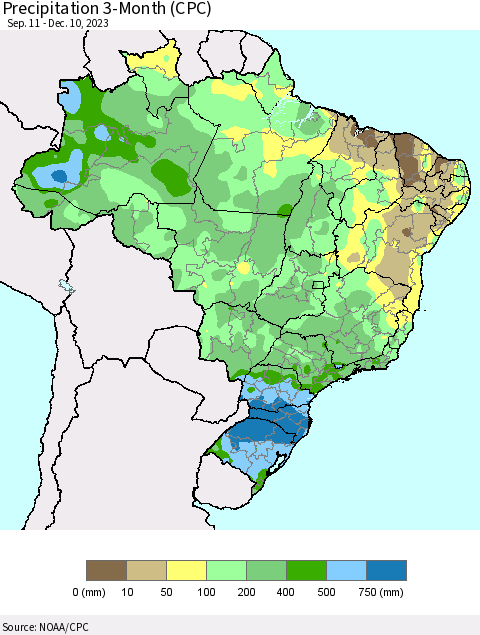 Brazil Precipitation 3-Month (CPC) Thematic Map For 9/11/2023 - 12/10/2023