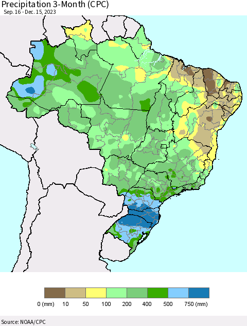 Brazil Precipitation 3-Month (CPC) Thematic Map For 9/16/2023 - 12/15/2023