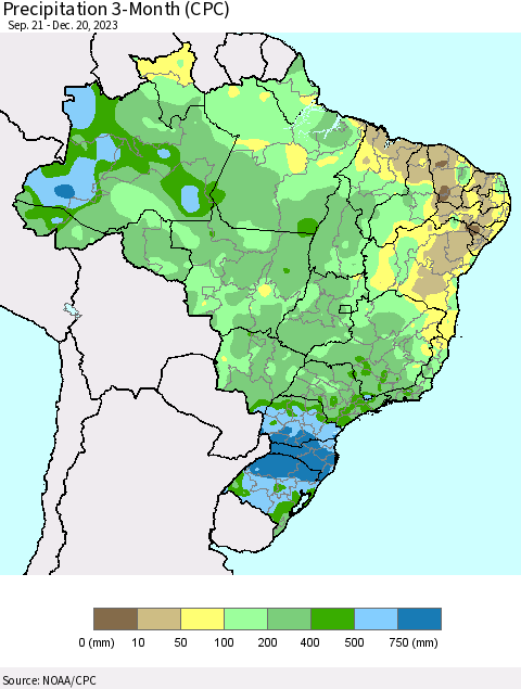 Brazil Precipitation 3-Month (CPC) Thematic Map For 9/21/2023 - 12/20/2023