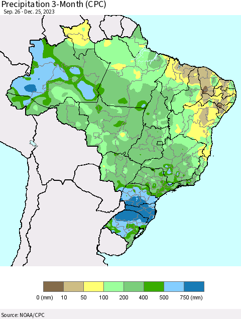 Brazil Precipitation 3-Month (CPC) Thematic Map For 9/26/2023 - 12/25/2023