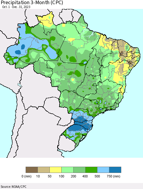 Brazil Precipitation 3-Month (CPC) Thematic Map For 10/1/2023 - 12/31/2023