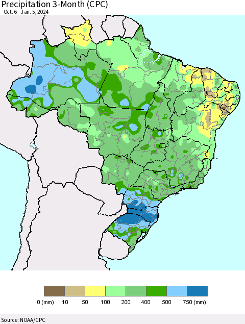 Brazil Precipitation 3-Month (CPC) Thematic Map For 10/6/2023 - 1/5/2024