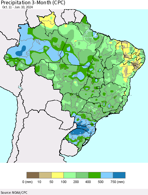 Brazil Precipitation 3-Month (CPC) Thematic Map For 10/11/2023 - 1/10/2024
