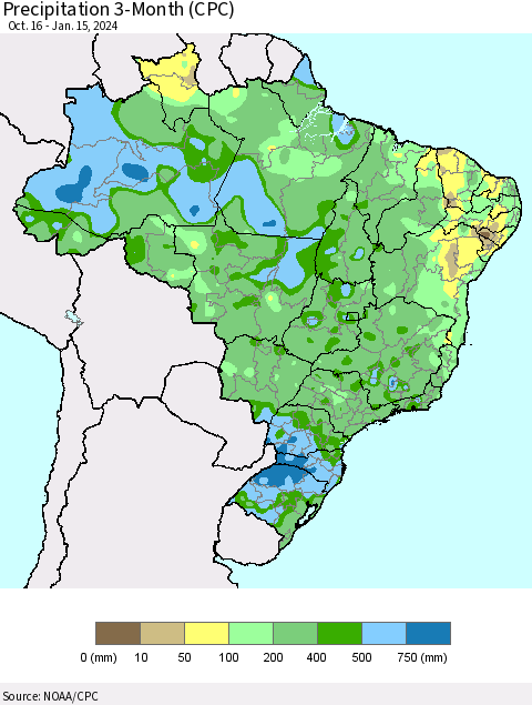 Brazil Precipitation 3-Month (CPC) Thematic Map For 10/16/2023 - 1/15/2024
