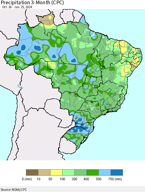 Brazil Precipitation 3-Month (CPC) Thematic Map For 10/26/2023 - 1/25/2024