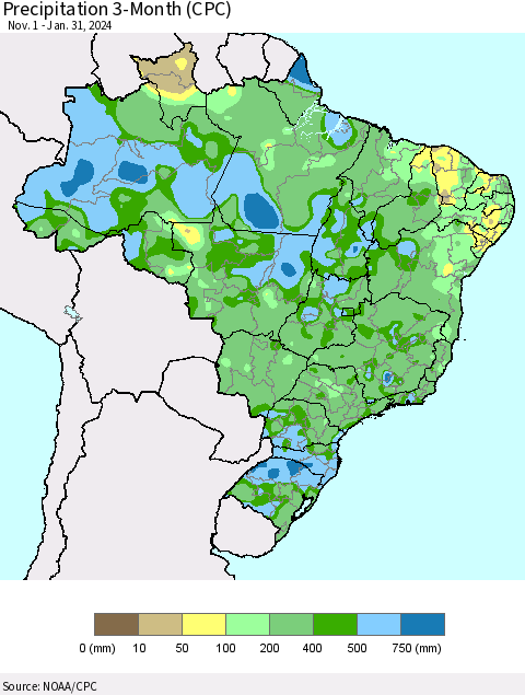 Brazil Precipitation 3-Month (CPC) Thematic Map For 11/1/2023 - 1/31/2024