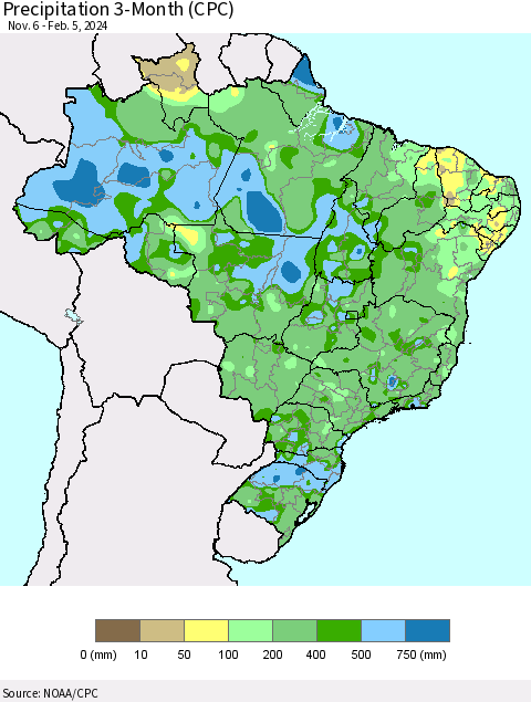 Brazil Precipitation 3-Month (CPC) Thematic Map For 11/6/2023 - 2/5/2024